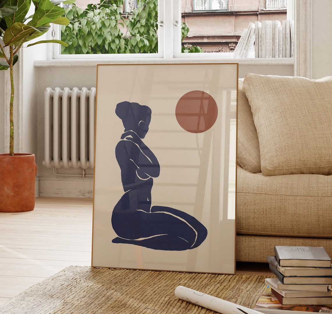 Blue Kneeling Woman Silhouette Red Circle Minimalist Abstract Poster