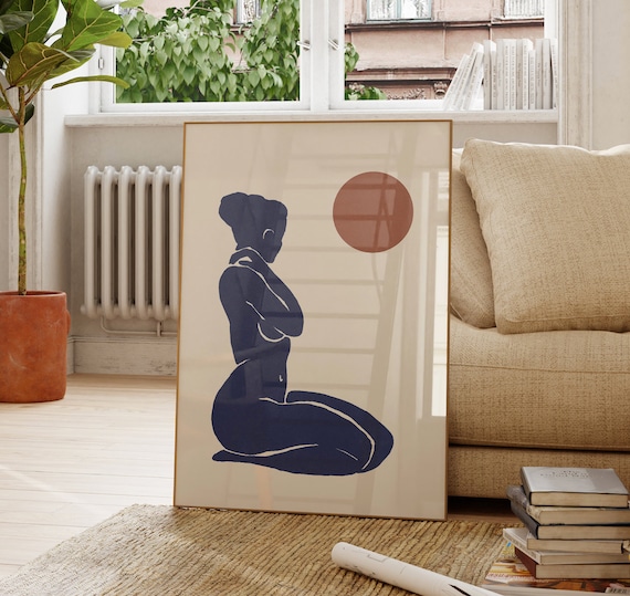 Blue Kneeling Woman Silhouette Red Circle Minimalist Abstract Poster