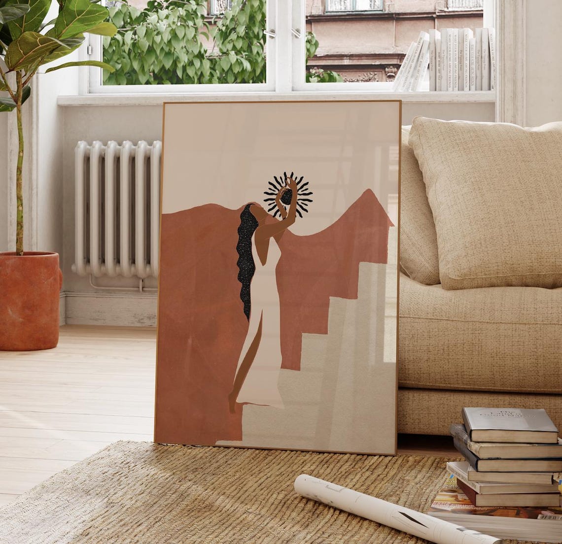Terracotta Starry Moon Goddess Abstract Boho Celestial Art Poster