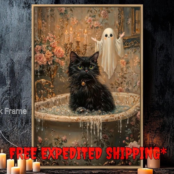 Cute Black Cat In Tub Framed Wall Art Halloween Decor Floral Haunted Painting Print Victorian Poster Ready To Hang Fast Shipping Free