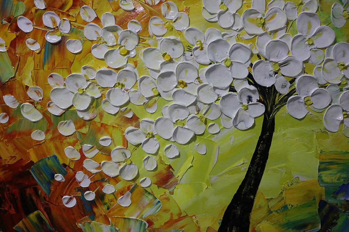 White Flowering Tree Vibrant Rainbow Background Impasto Poster - Image 2