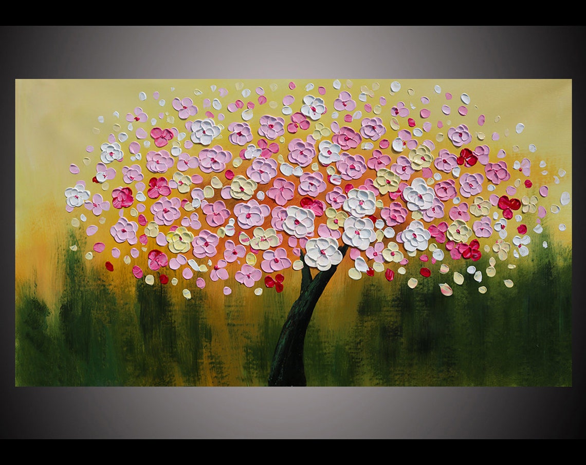 Pink Yellow Cherry Blossom Canopy On Gold Green Textured Oil Poster
