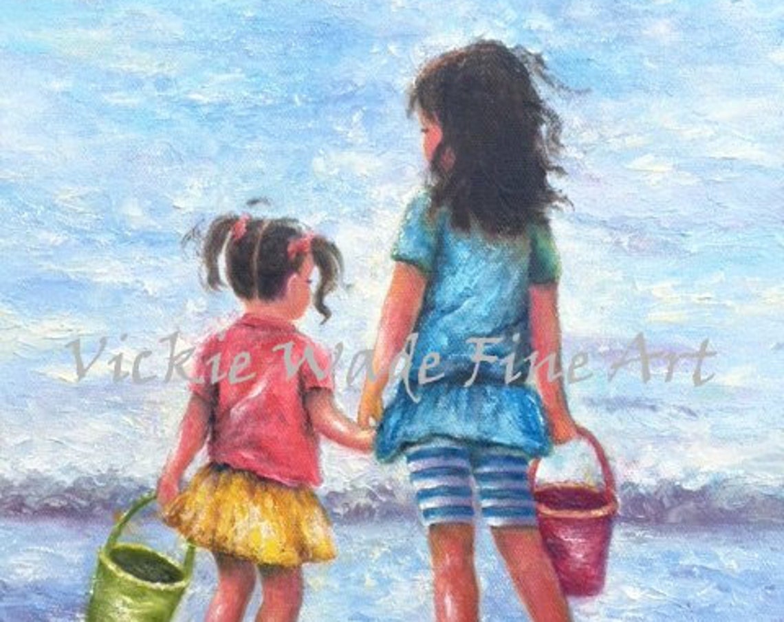Two Little Sisters Holding Hands on the Beach With Buckets Poster - Image 3