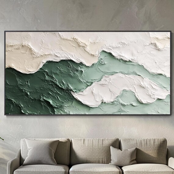 Cream White Green Textured Waves Minimalist Abstract Oil Painting Wall Art