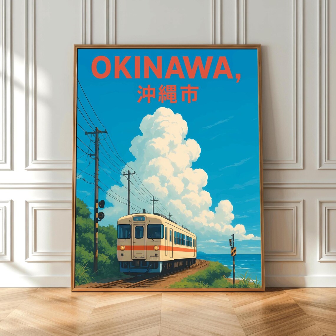 Okinawa City Japan Travel Poster Coastal Train Under Anime Sky