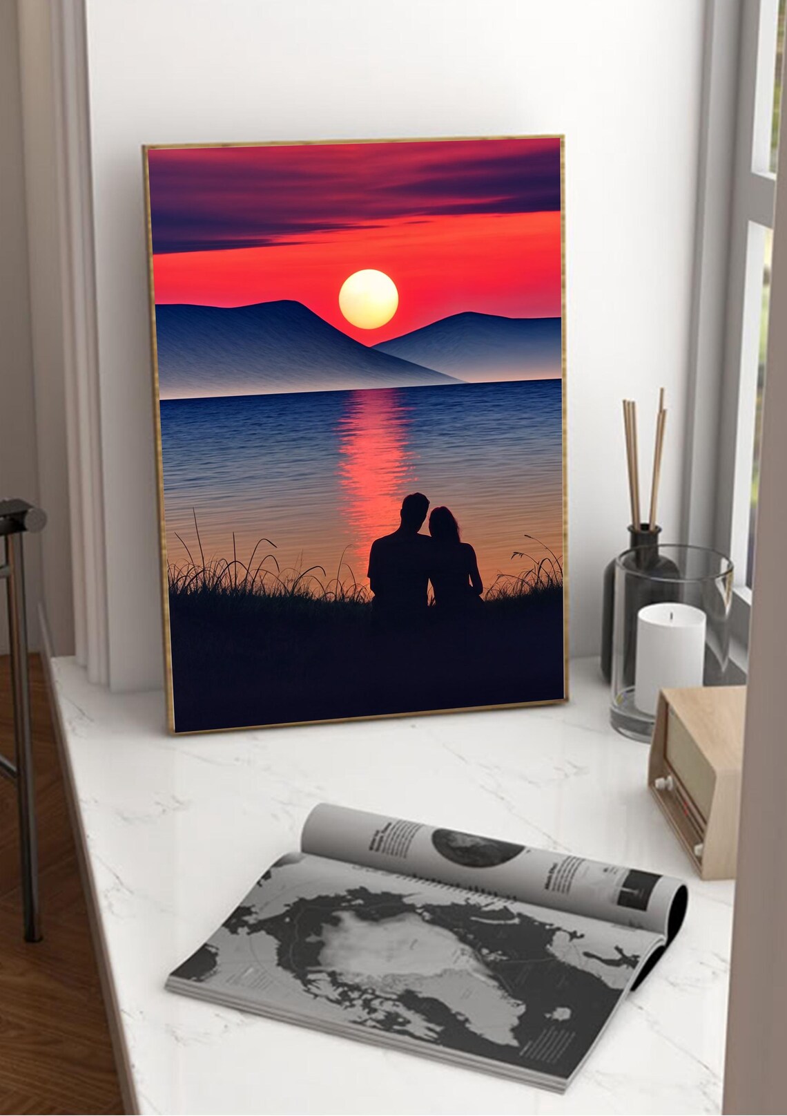 Romantic Sunset Couple Art, Vintage Scenic View - Image 3