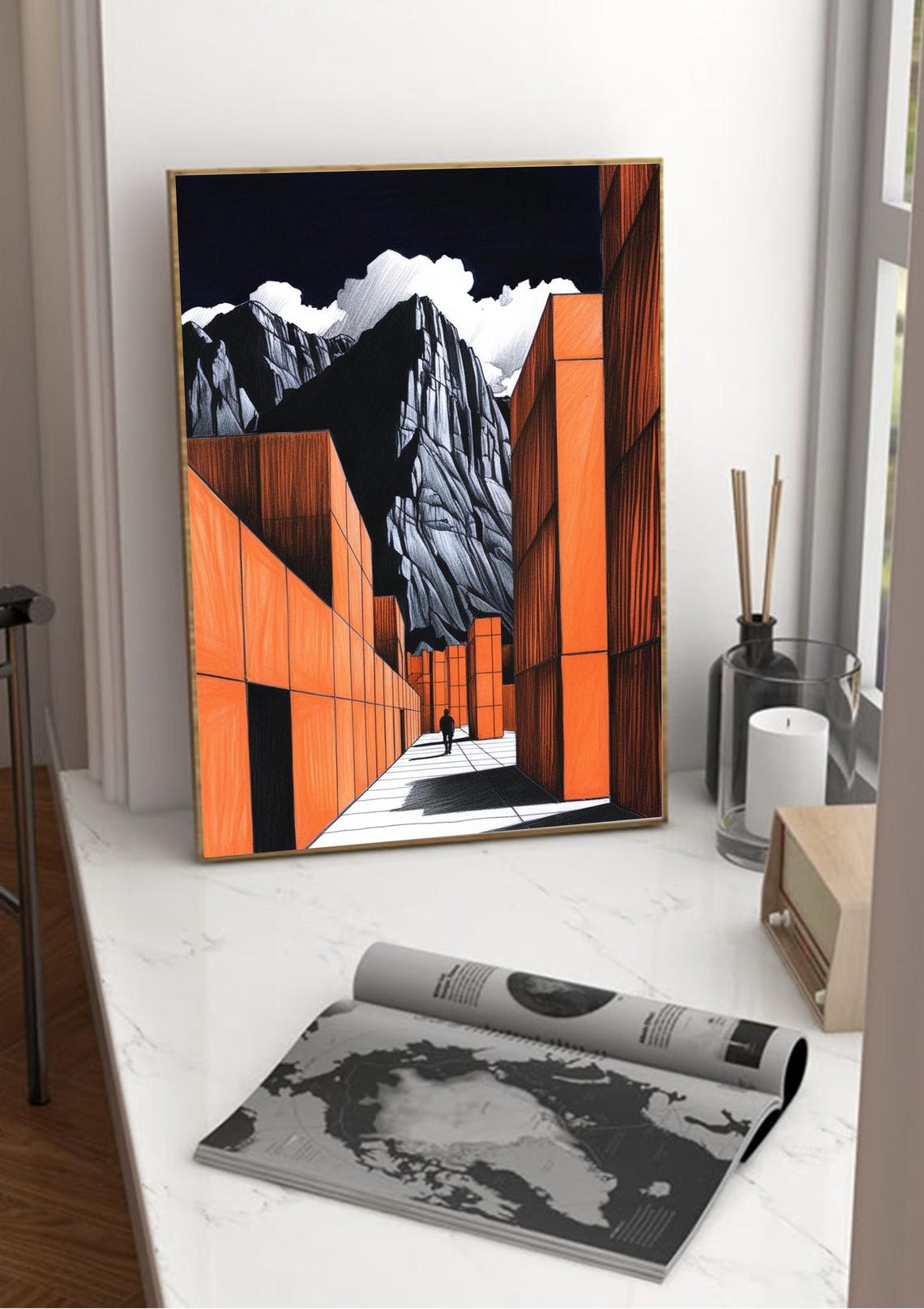 Surreal Mountain Modern Architecture, Vintage Print - Image 3