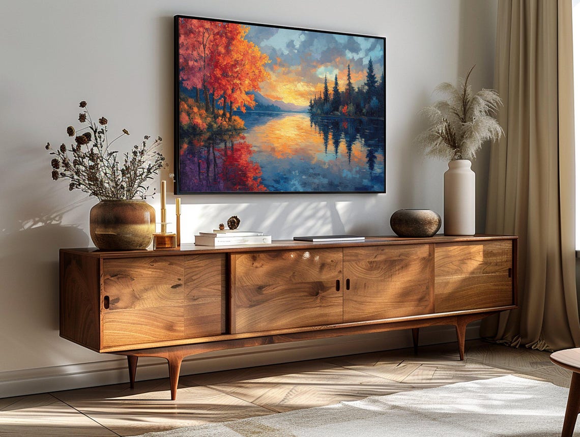 Autumn Lake Sunset Mirror Reflection Orange Trees Serene Art Poster - Image 3