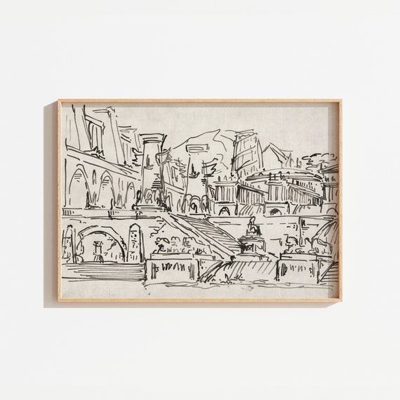 Vintage Black Ink Abstract City Landscape Art Print