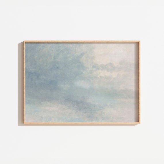 Vintage Cloud Painting, Muted Blue Sky Watercolor