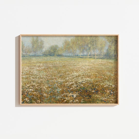 Vintage Wildflower Field Landscape Art Print, Farmhouse