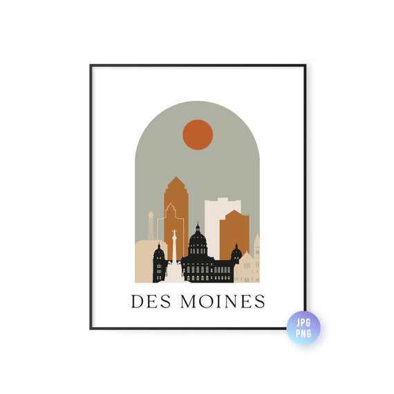 Des Moines Skyline Bohemian Print Boho Sun City Arc Mid Century Modern Decor Home Instant Jpg Png