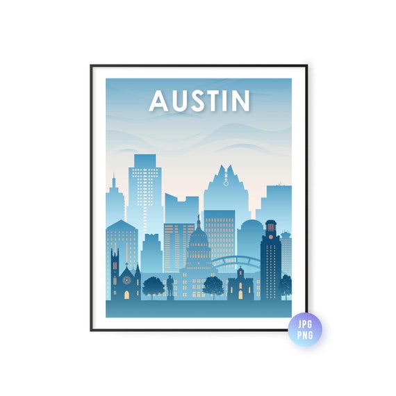 Blue Austin Skyline Print Tx Wall Art Gifts For Travel Lovers Modern City Jpg Png