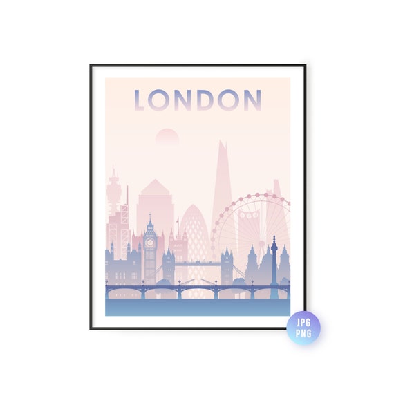 London City Skyline Uk Wall Art Pastel Colors Landscape With Sun Summer Instant Jpg Png