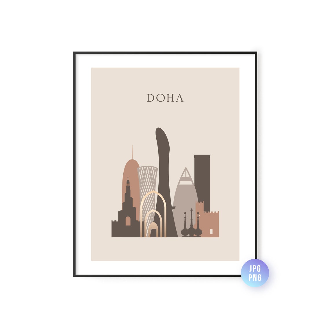 Doha Skyline Print Boho Style Qatar Art Travel Artwork Modern City Jpg Png