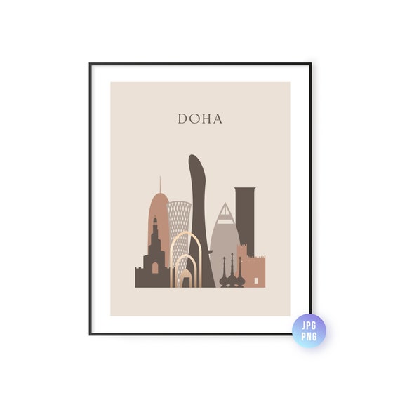 Doha Skyline Print Boho Style Qatar Art Travel Artwork Modern City Jpg Png