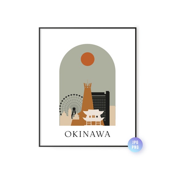 Okinawa Skyline Bohemian Print Boho Sun City Arc Mid Century Modern Decor Home Instant Jpg Png