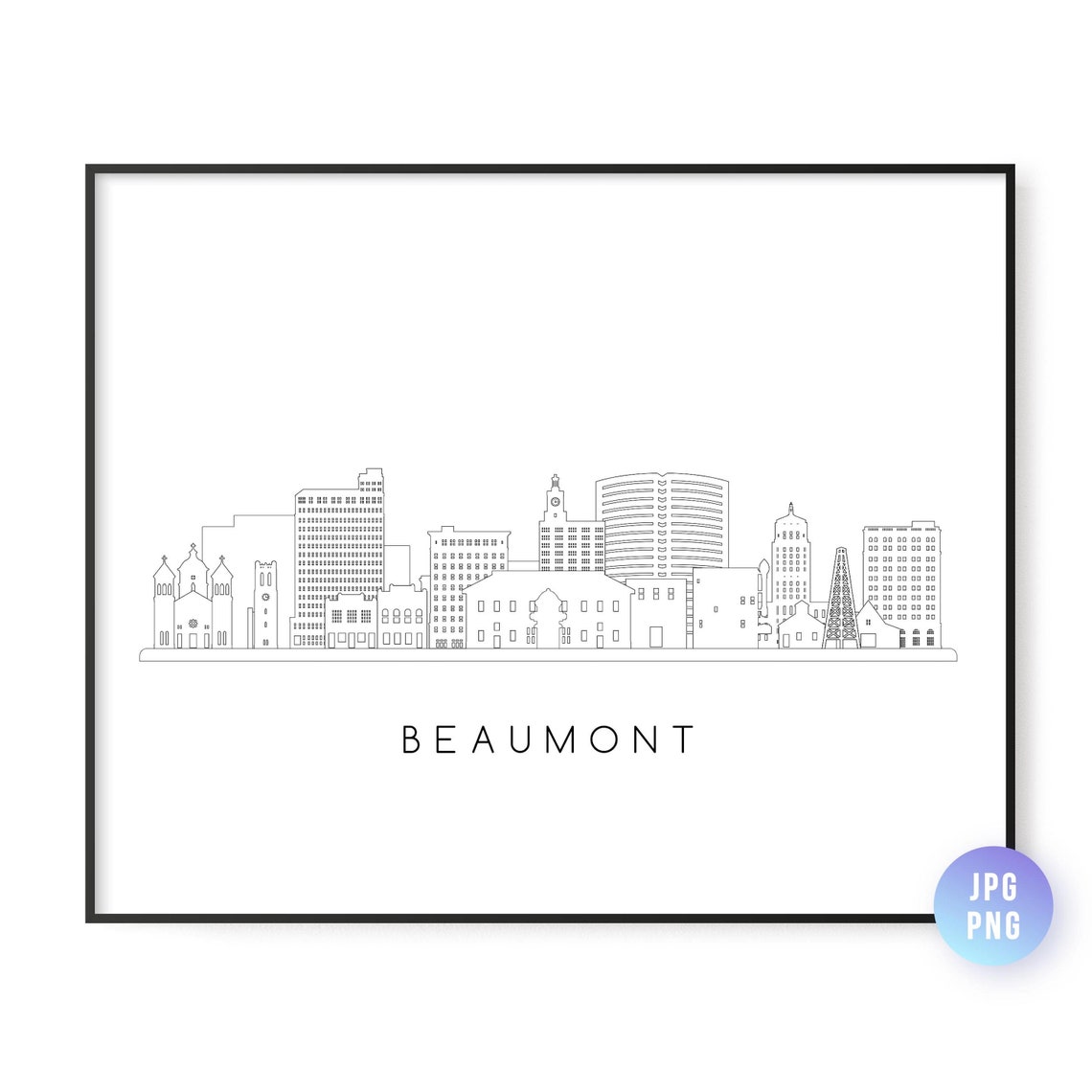 Beaumont Texas Downtown Skyline Outline Line Art City Poster