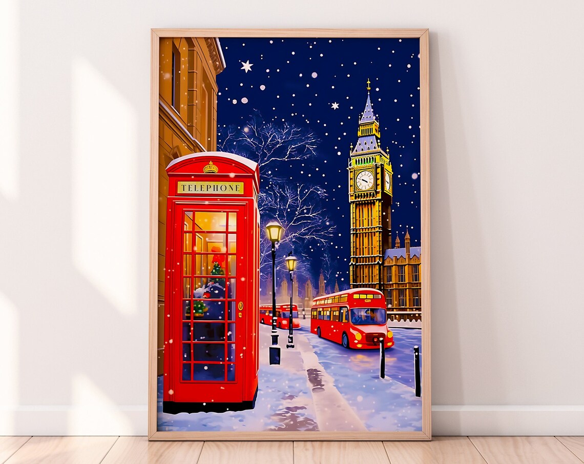 Christmas In London Travel Poster, Big Ben Holiday Art
