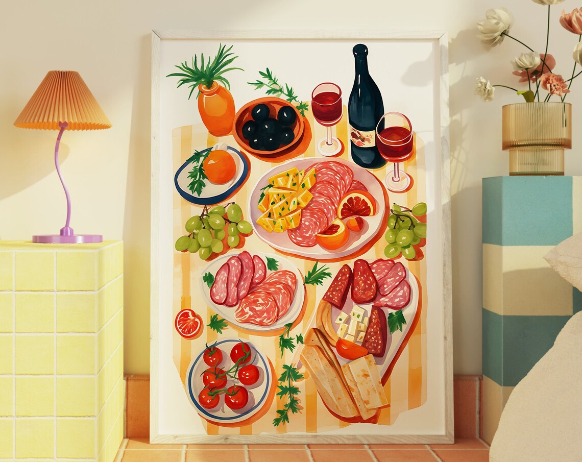Flatlay Food Aperitif In Color Wine Art Print