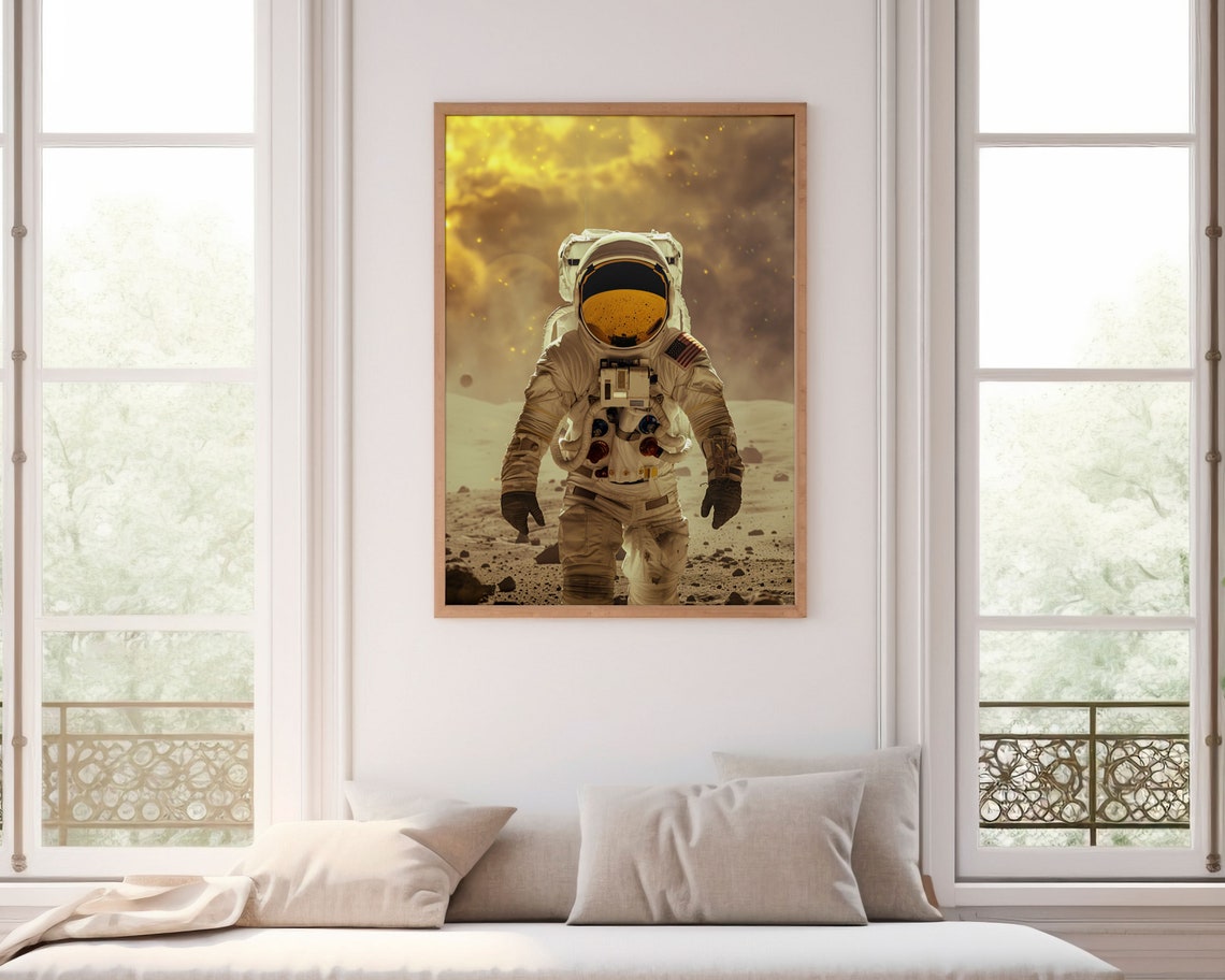Astronaut Walking Moon Golden Nebula Space Exploration Art Poster