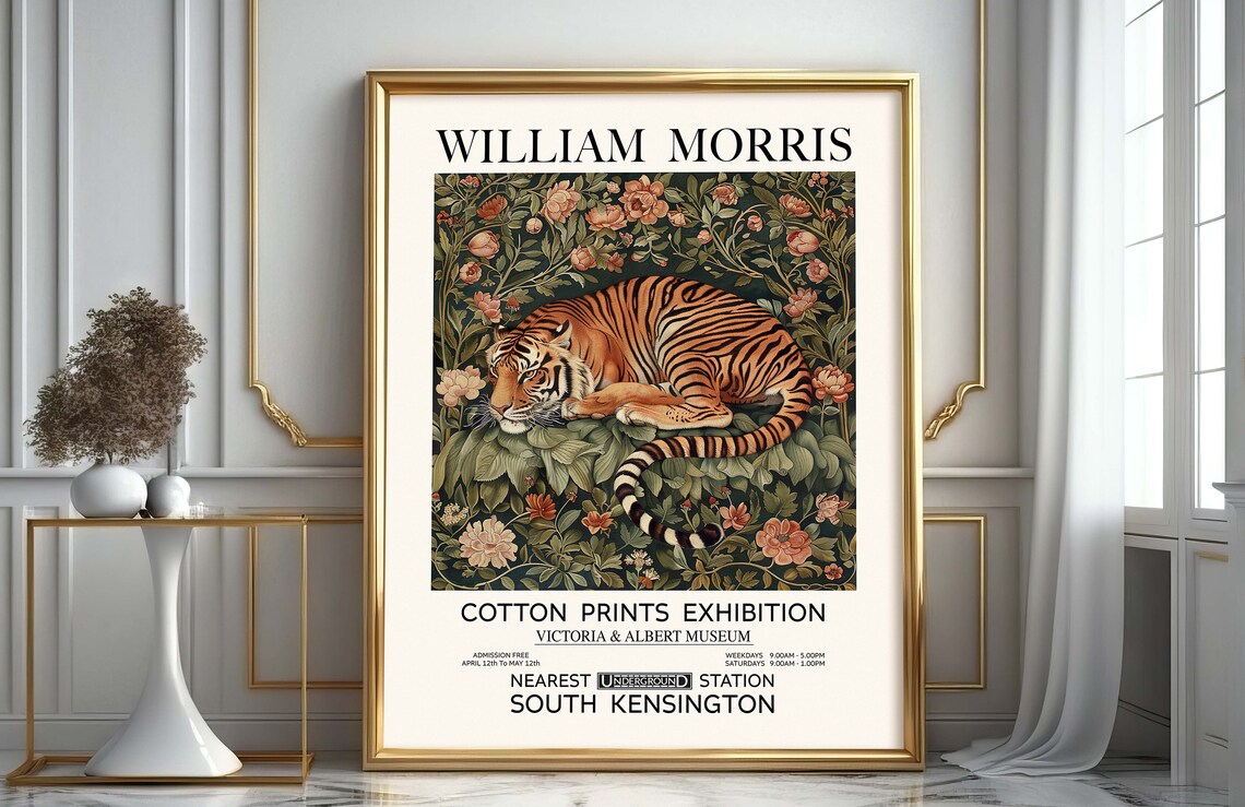 William Morris Sleeping Tiger Print Vintage Textile Art Poster