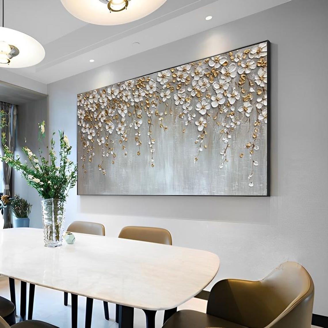 White Hanging Blossom Branch Gold Accent Floral Art Painting Poster - Image 4