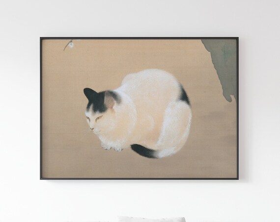 Japanese Cat Art Print Curled White Cat Traditional Ink Decor