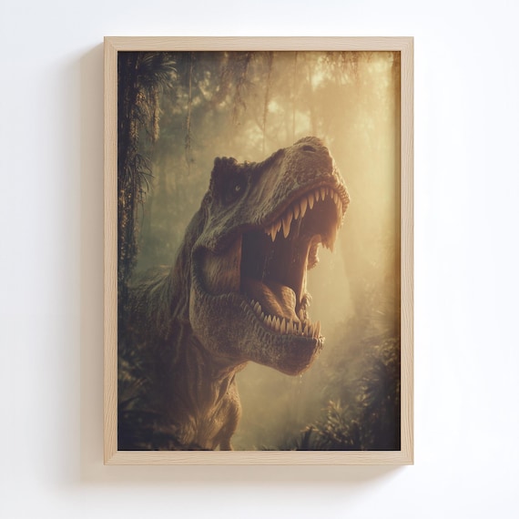 Roaring T Rex Sunlit Jurassic Jungle Prehistoric Dinosaur Art Poster