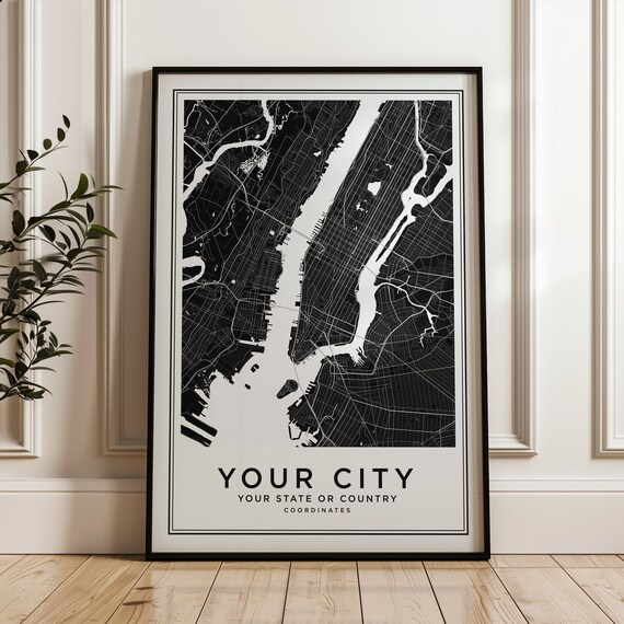 Custom City Map Black Personalized Street Poster Hometown Gift