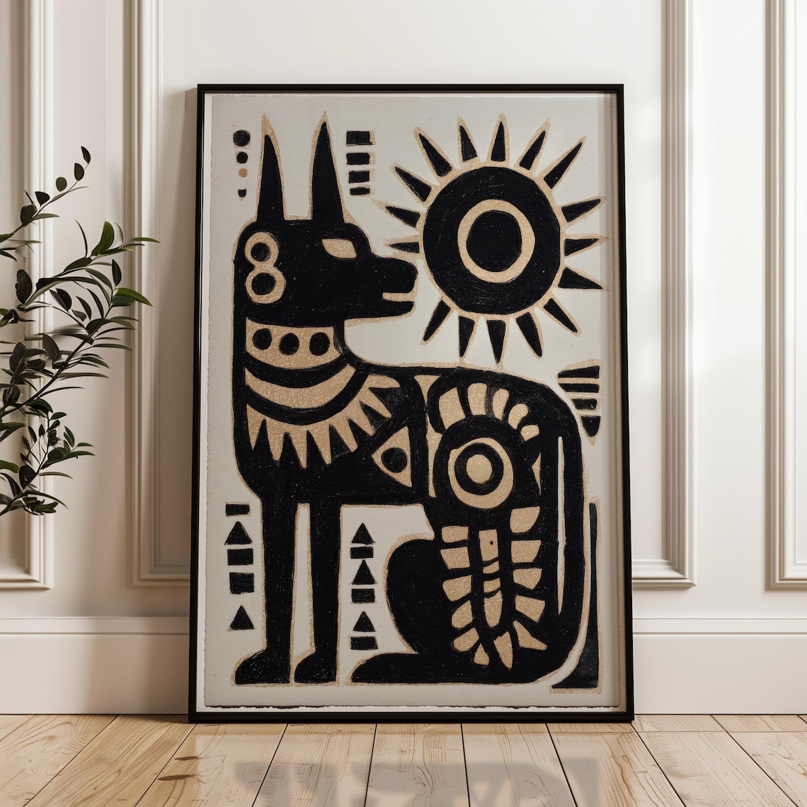 Black And Gold Stylized Cat Sun Motif Abstract Folk Art Poster