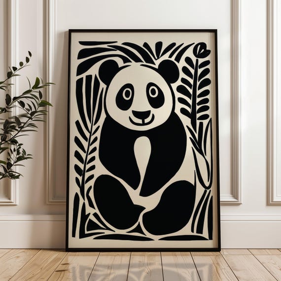 Minimalist Panda Poster Black And Beige Print Modern Organic Wall Art Scandinavian Home