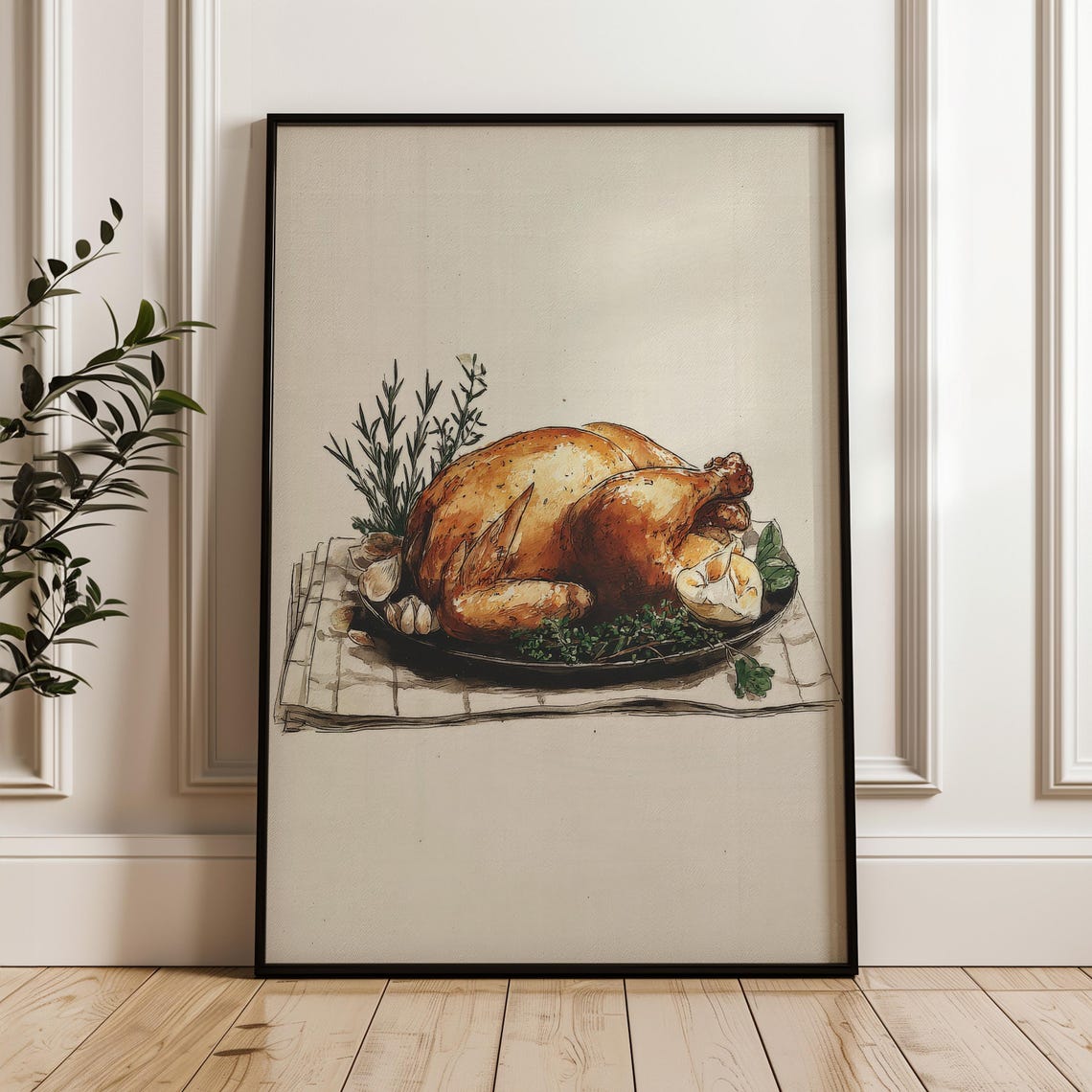 Handdrawn Roasted Chicken Herbs Sketch Rustic Kitchen Wall Art