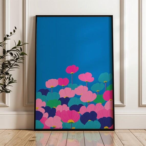 Pink and Teal Poppy Flowers Blue Background Minimal Floral Poster