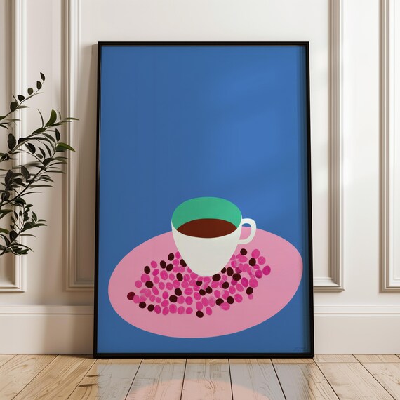 Coffee Cup Coffee Beans Minimalist Modern Blue Pink Pop Art Poster