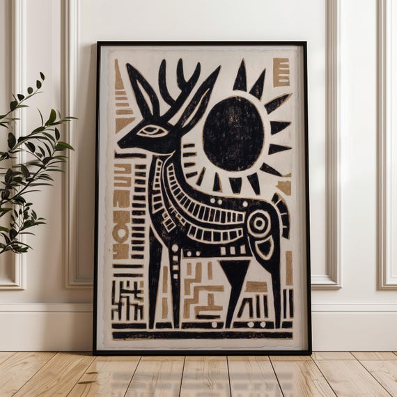 Traditional Mexican Deer Poster Abstract Geometric Folk Art Print On Matte Paper