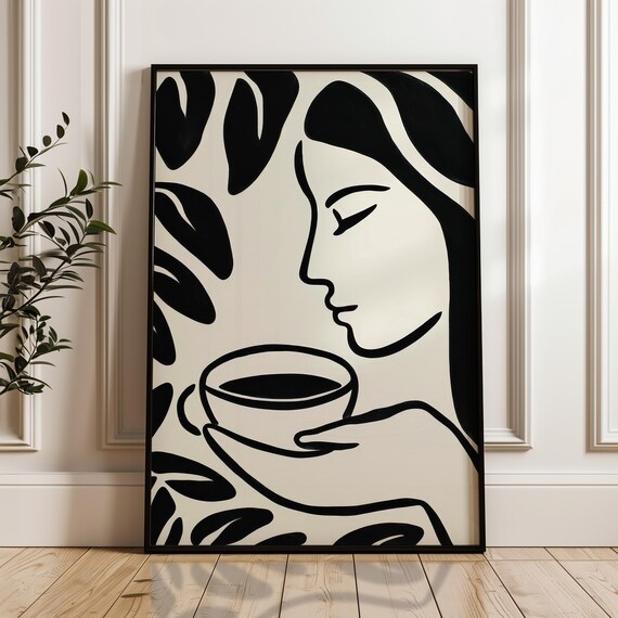 Minimalist Woman Holding Coffee Cup Line Art Modern Beige Poster