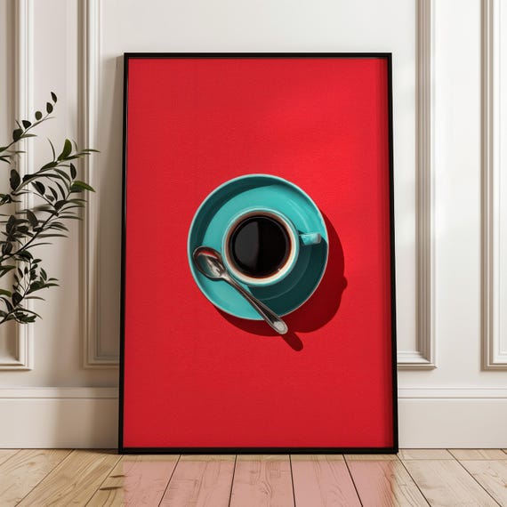 Turquoise Coffee Cup Poster Blue Plate On Red Background