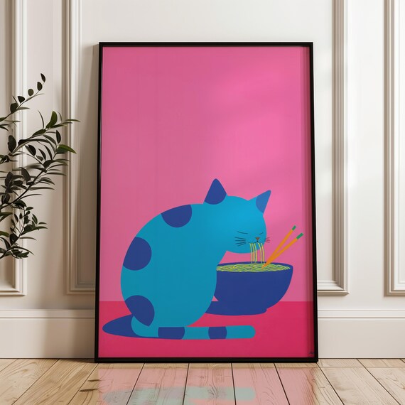 Blue Cat Eating Noodles With Chopsticks On Pink Background Poster