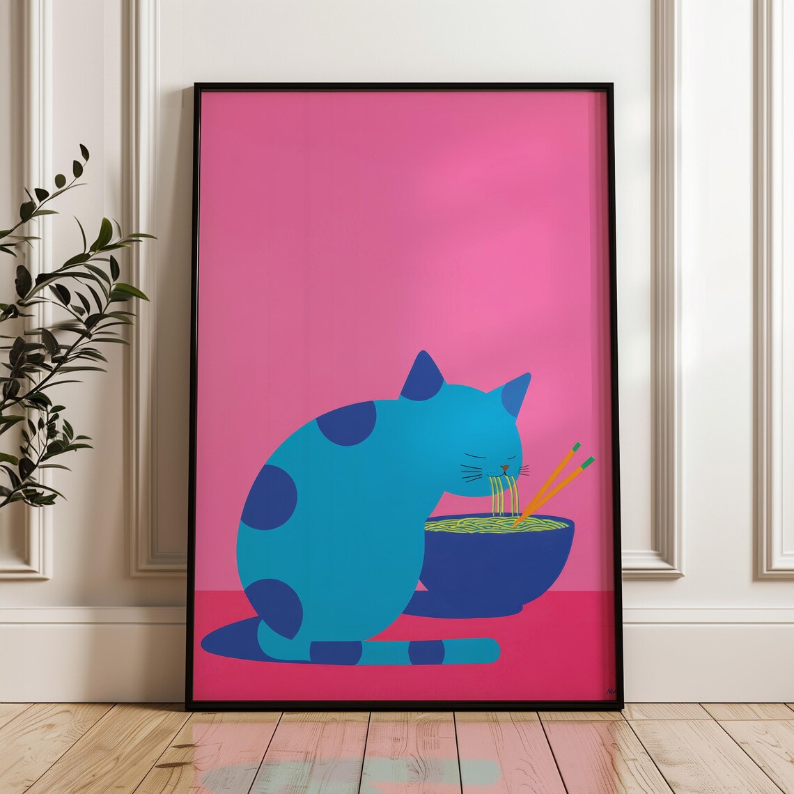 Blue Cat Eating Noodles With Chopsticks On Pink Background Poster