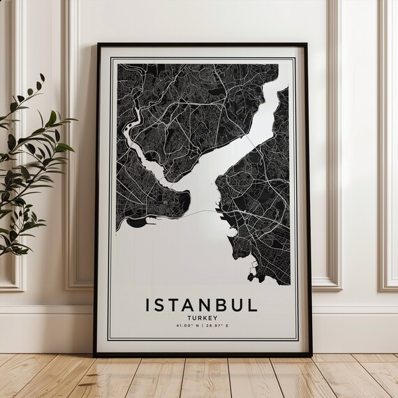 Istanbul Turkey Dark Monochrome City Line Street Map Art Print