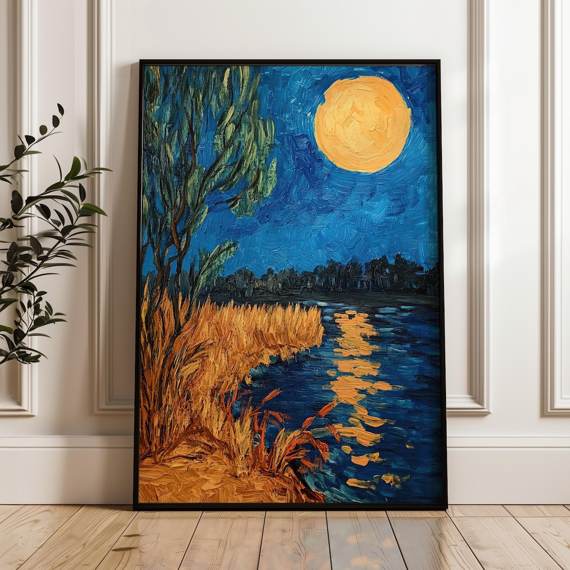 Golden Full Moon over Moonlit Lake Impasto Oil Painting Night Poster