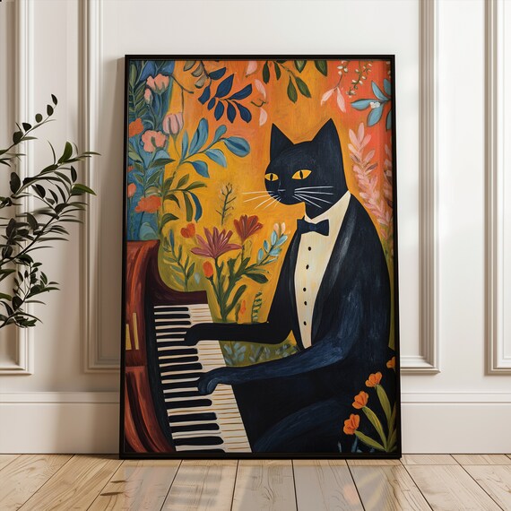 Black Cat Pianist in Tuxedo Playing Piano Funny Musician Art Poster