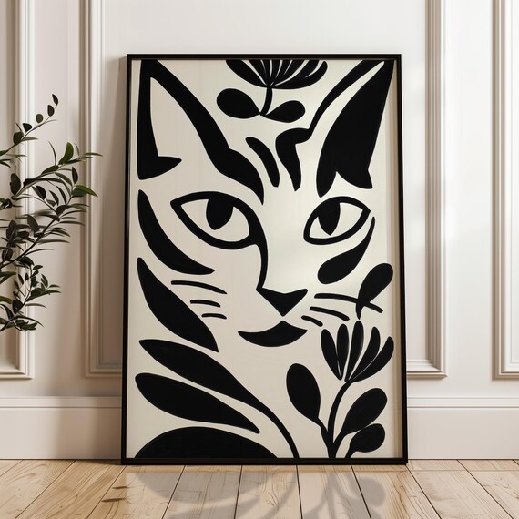 Minimalist Cat Face Black Beige Modern Organic Scandinavian Poster
