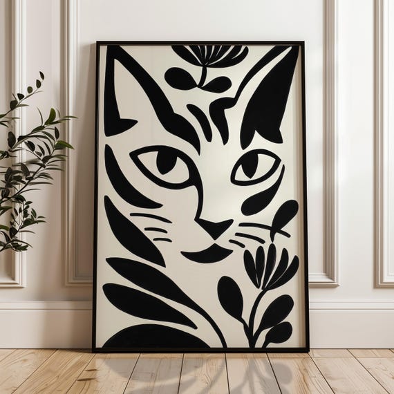 Minimalist Cat Poster Black And Beige Print Modern Organic Wall Art Scandinavian Home