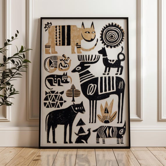 Traditional Mexican Animal Poster Black And Gold On Beige Abstract Geometric Folk Art Print