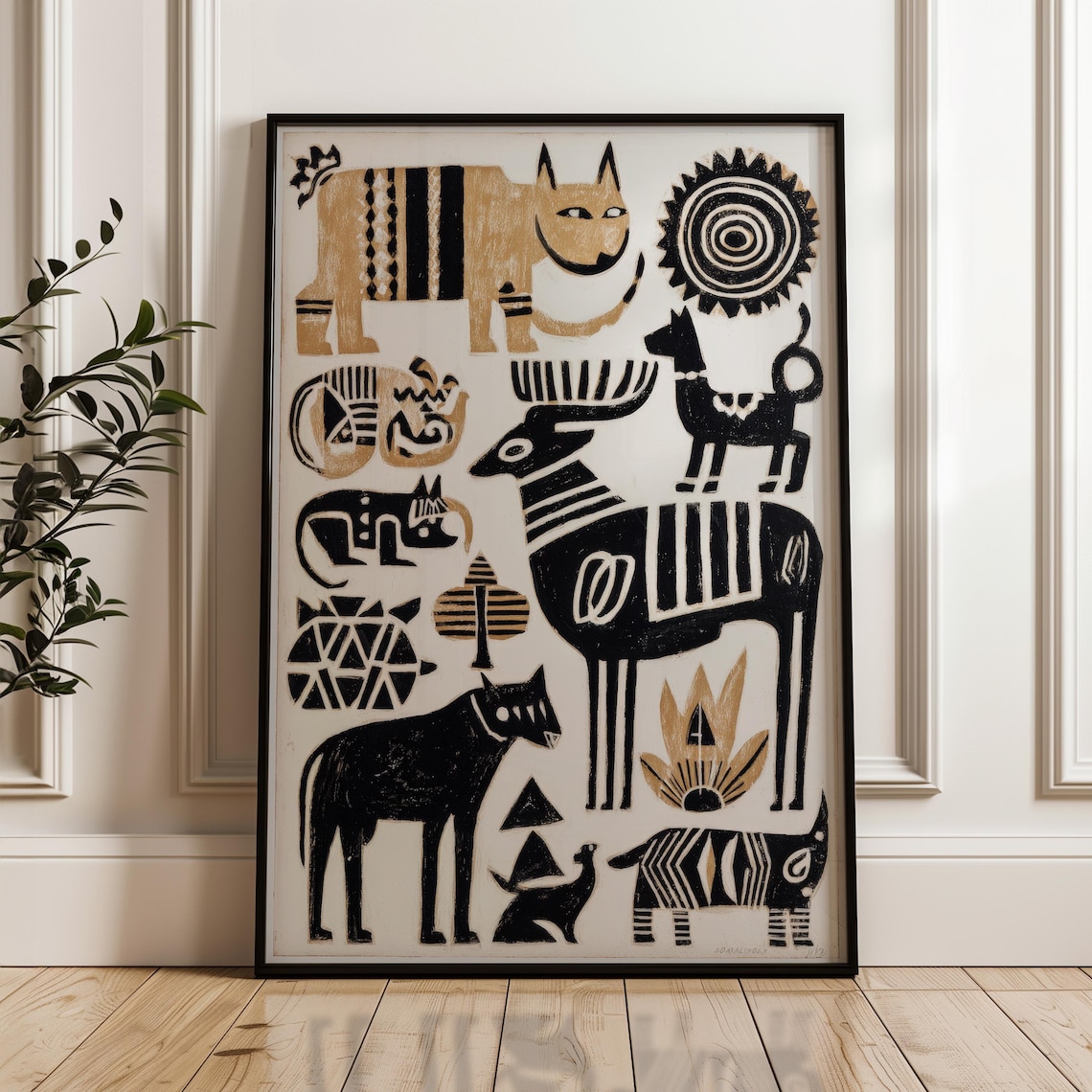Black And Gold Cat Dog Stag Wildlife Folk Art Tribal Collage Poster
