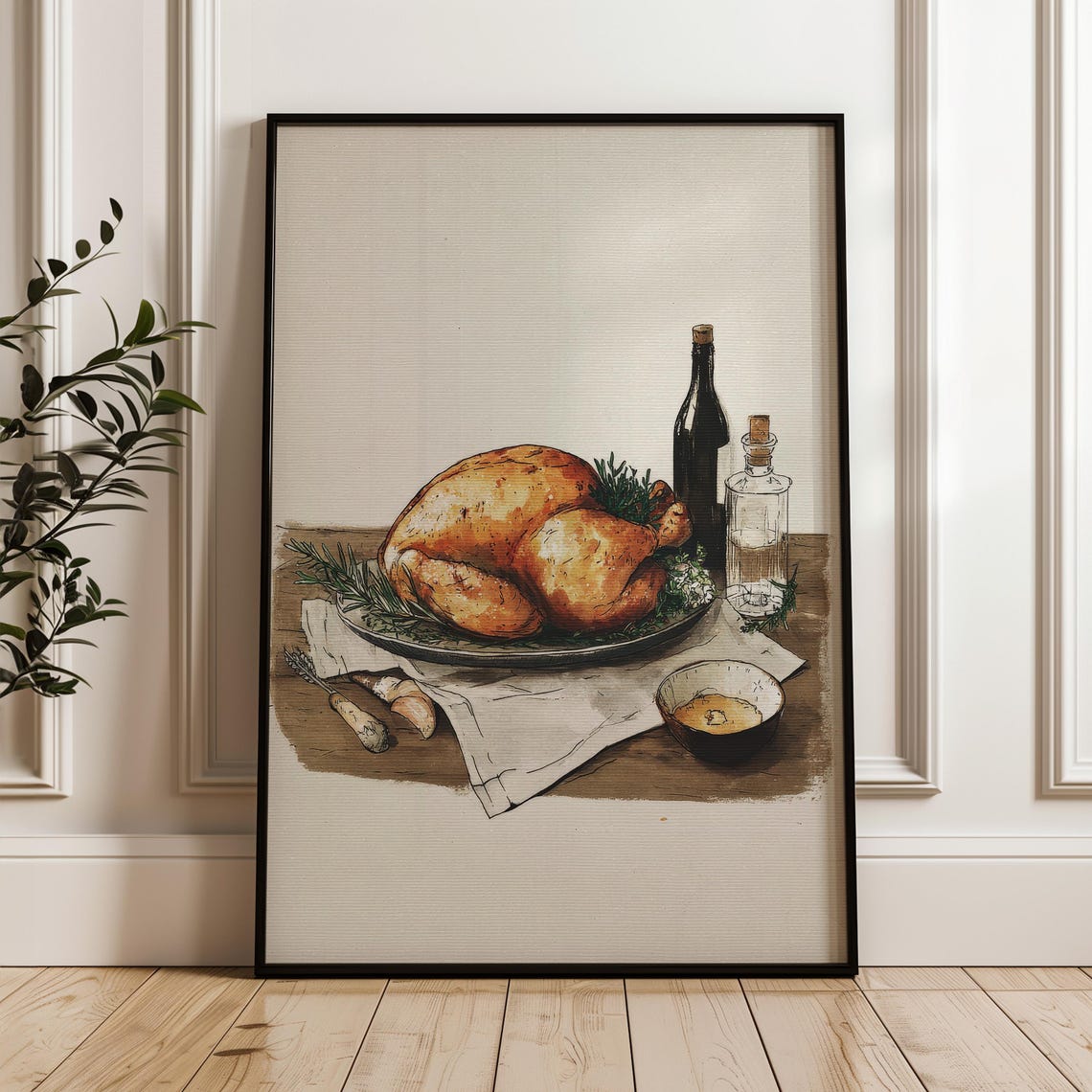 Handdrawn Roasted Chicken Dinner With Wine Illustration Poster