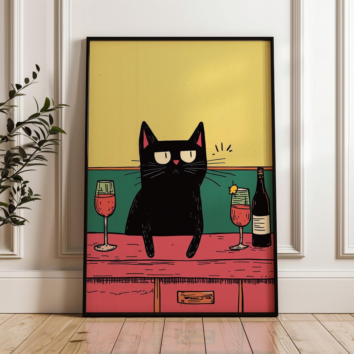 Black Cat Sitting At The Bar With Wine Funny Tipsy Party Poster