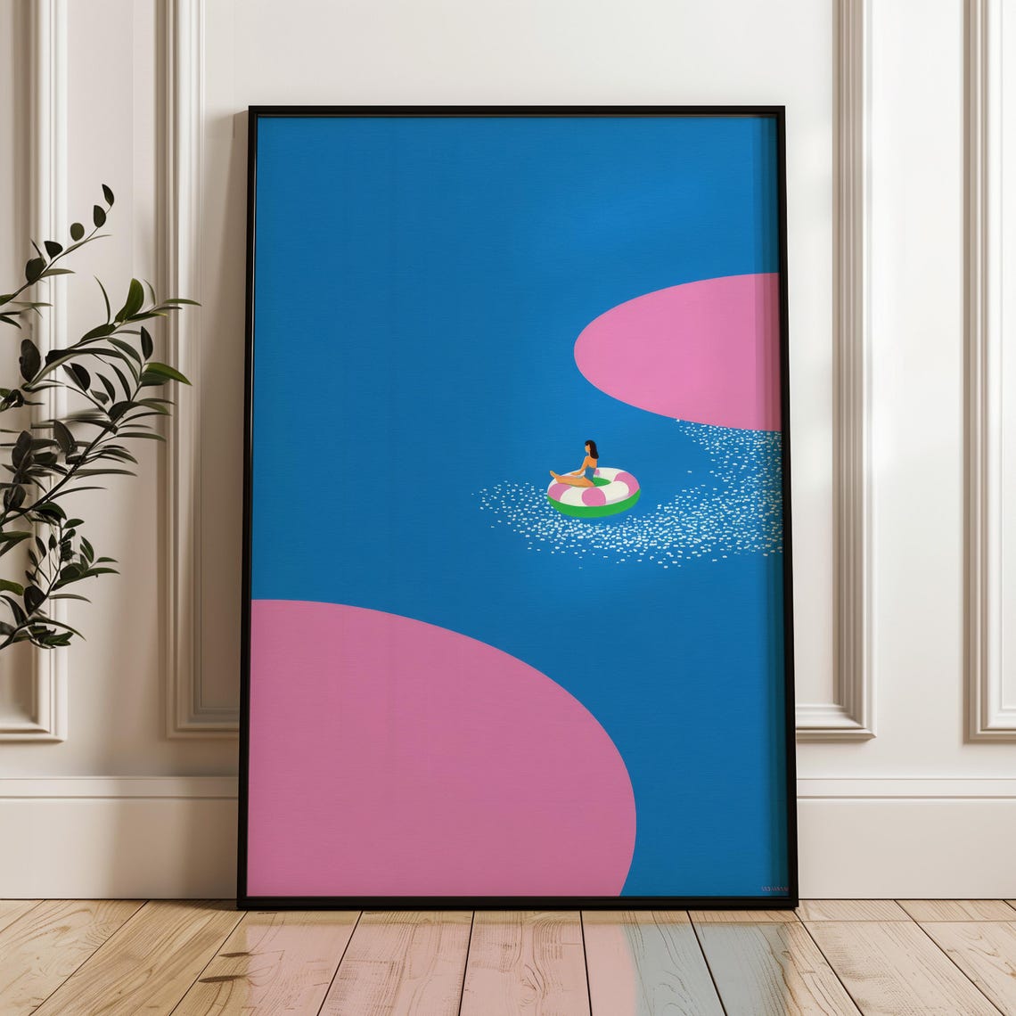 Minimalist Woman Pool Float Bold Blue Pink Pop Art Summer Print